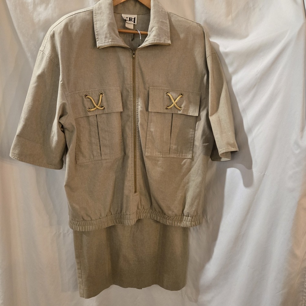Vintage N.R.1 Sz 14 Beige & Gold Skirt Set Ned Gould Neiman Marcus Military Look